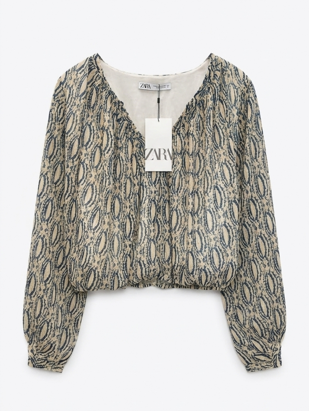 NWT ZARA Beige & Blue Printed V-Neck Long Sleeve Top